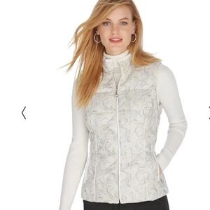WHBM Shimmer Jacquard Puffer Vest Ecru Feather Gray w/ Travel Bag NWT $148 XS